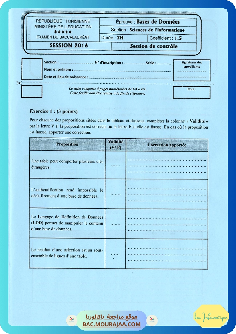 Sujet controle bd Bac 2016 – Section info